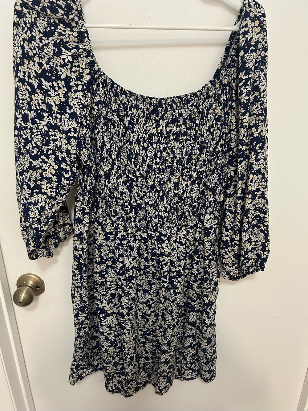 AUW Navy and White Floral Smocked Long-Sleeve Dress